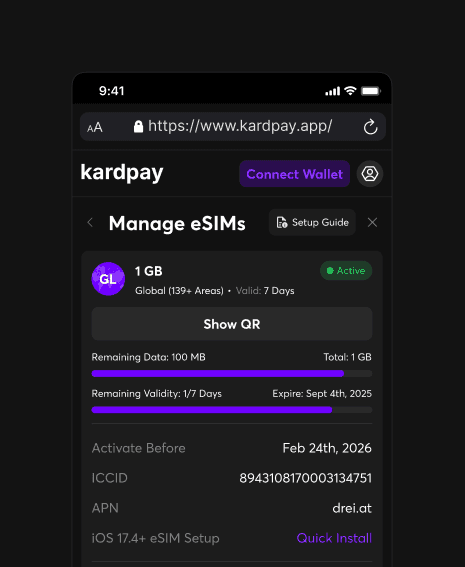 Mobile UI component for managing global eSIMs within the Kardpay app. Displays real-time data usage bars, validity periods, and technical details like ICCID and APN settings for seamless travel connectivity.