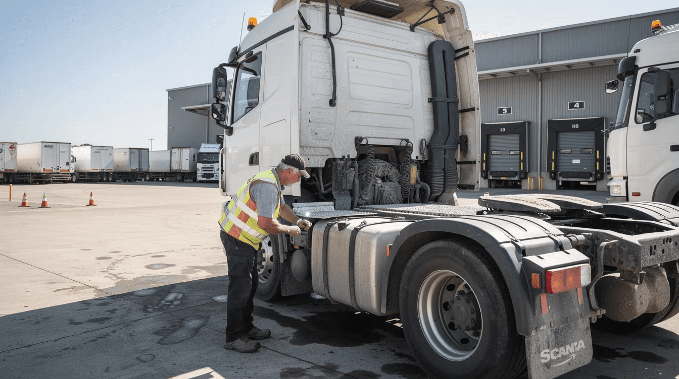 A truck driver is inspecting the engine bay of a prime mover cab while standing beside it in a truck yard, showcasing the importance of regular maintenance for commercial vehicles. This scene highlights the role of truck finance options in supporting transport businesses, ensuring they can manage their cash flow effectively while maintaining their fleet.