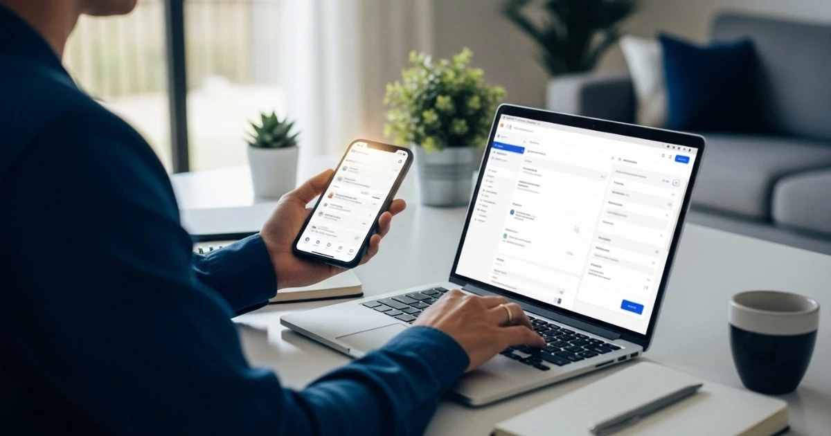 Real estate agent typing on a laptop while quickly texting a new lead on a smartphone.