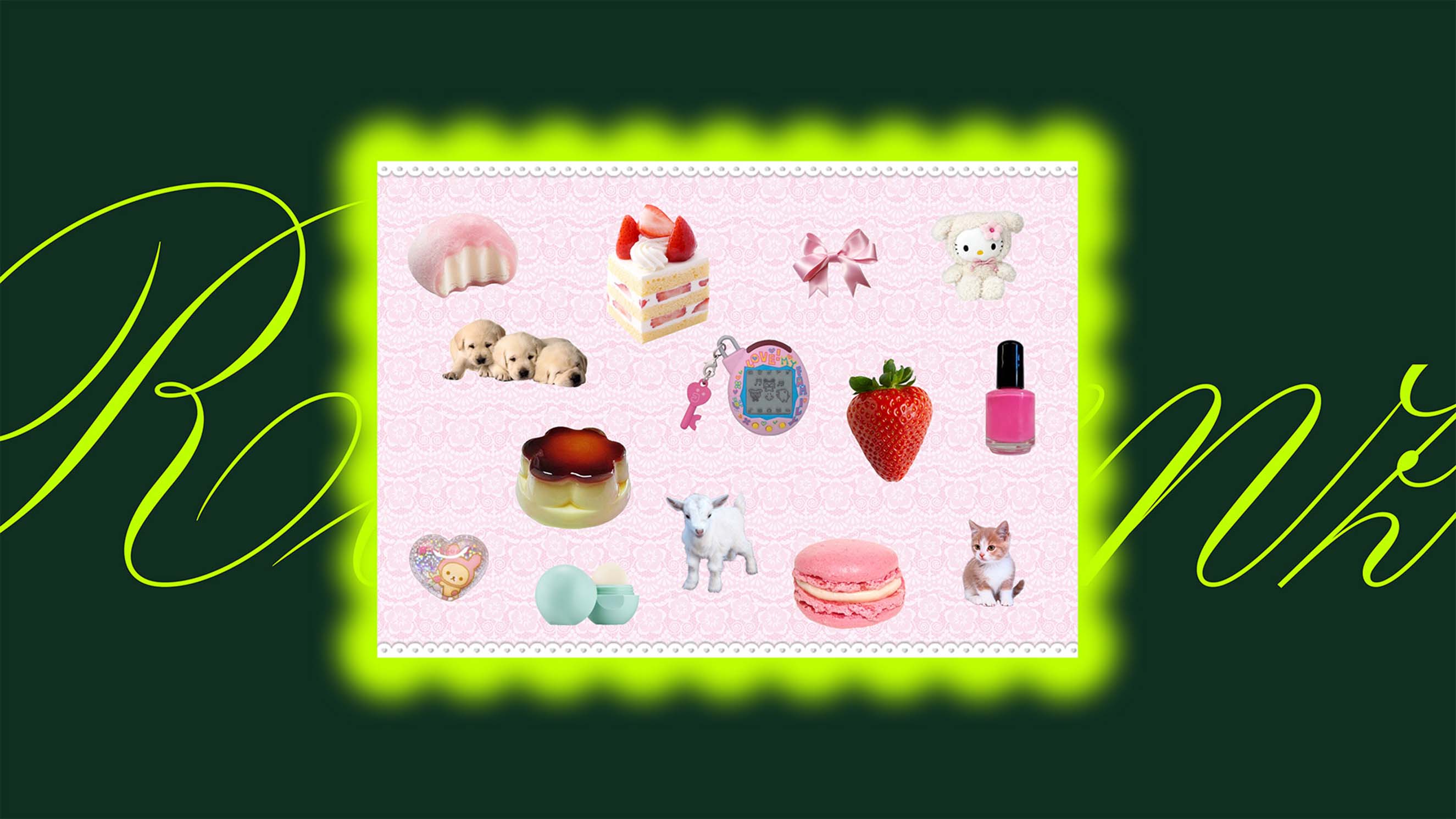 A playful, square-format collage for the ZHdK Annual Report featuring a mix of nostalgic and "kawaii" imagery—including puppies, a kitten, strawberries, and a Tamagotchi—framed by a pink border. The word "Resilienz" is layered in bright green script, illustrating a bold, disruptive brand identity.