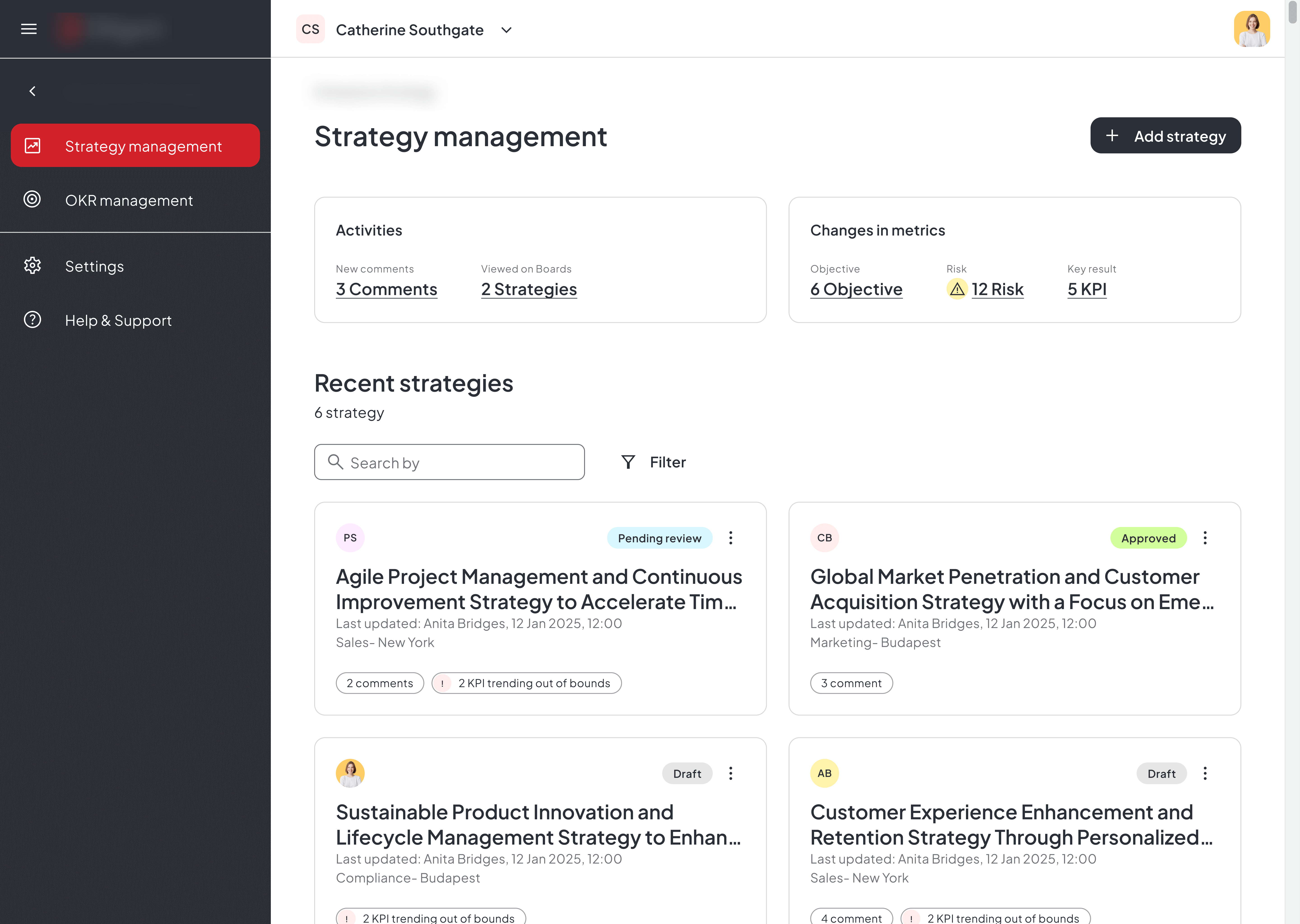 Strategic management platform homepage