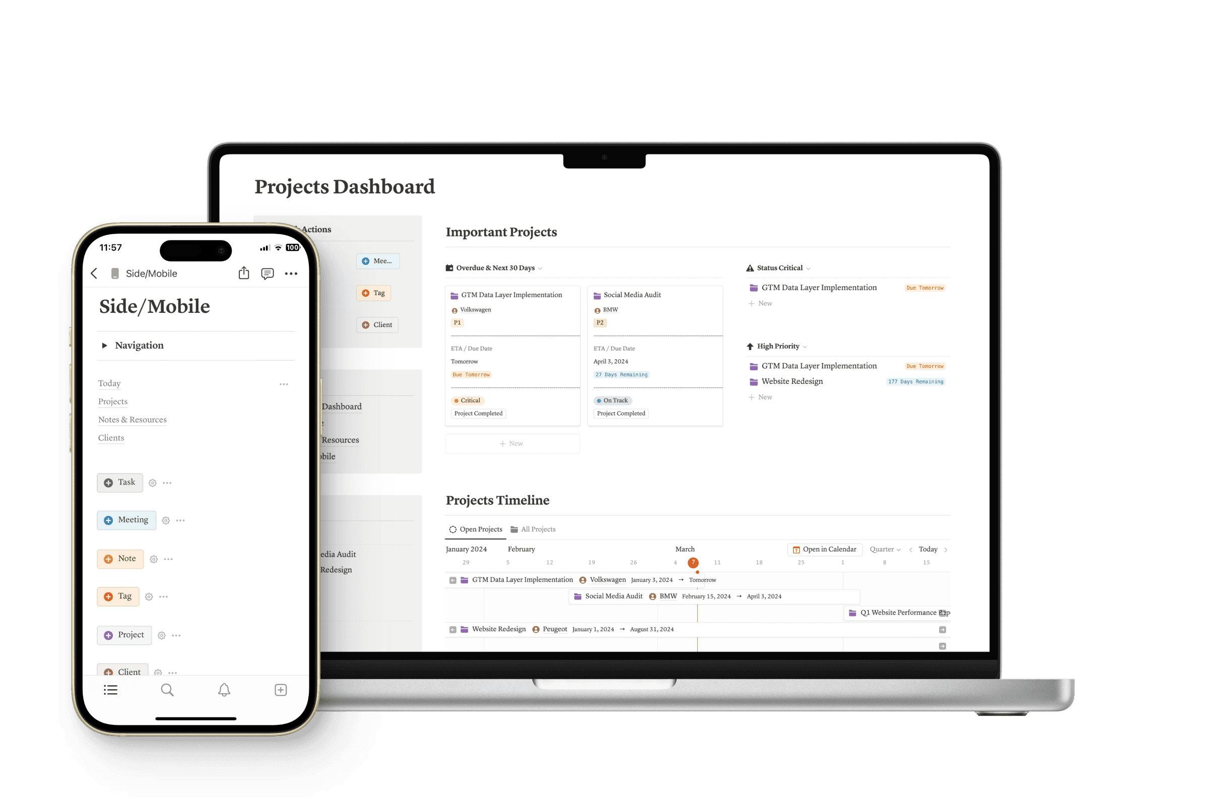 Notion Project Manager Dashboard displayed across devices showing desktop, tablet, and mobile responsive layouts