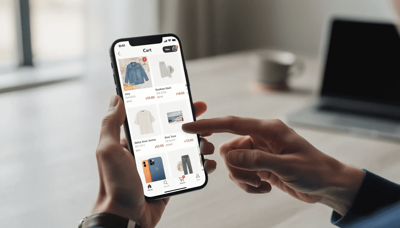 A person is using a smartphone to browse an online store, with a shopping cart visible on the screen, highlighting the importance of mobile commerce in boosting conversion rates. The image illustrates the customer journey as they explore product pages, reflecting the role of mobile devices in enhancing ecommerce conversion performance.