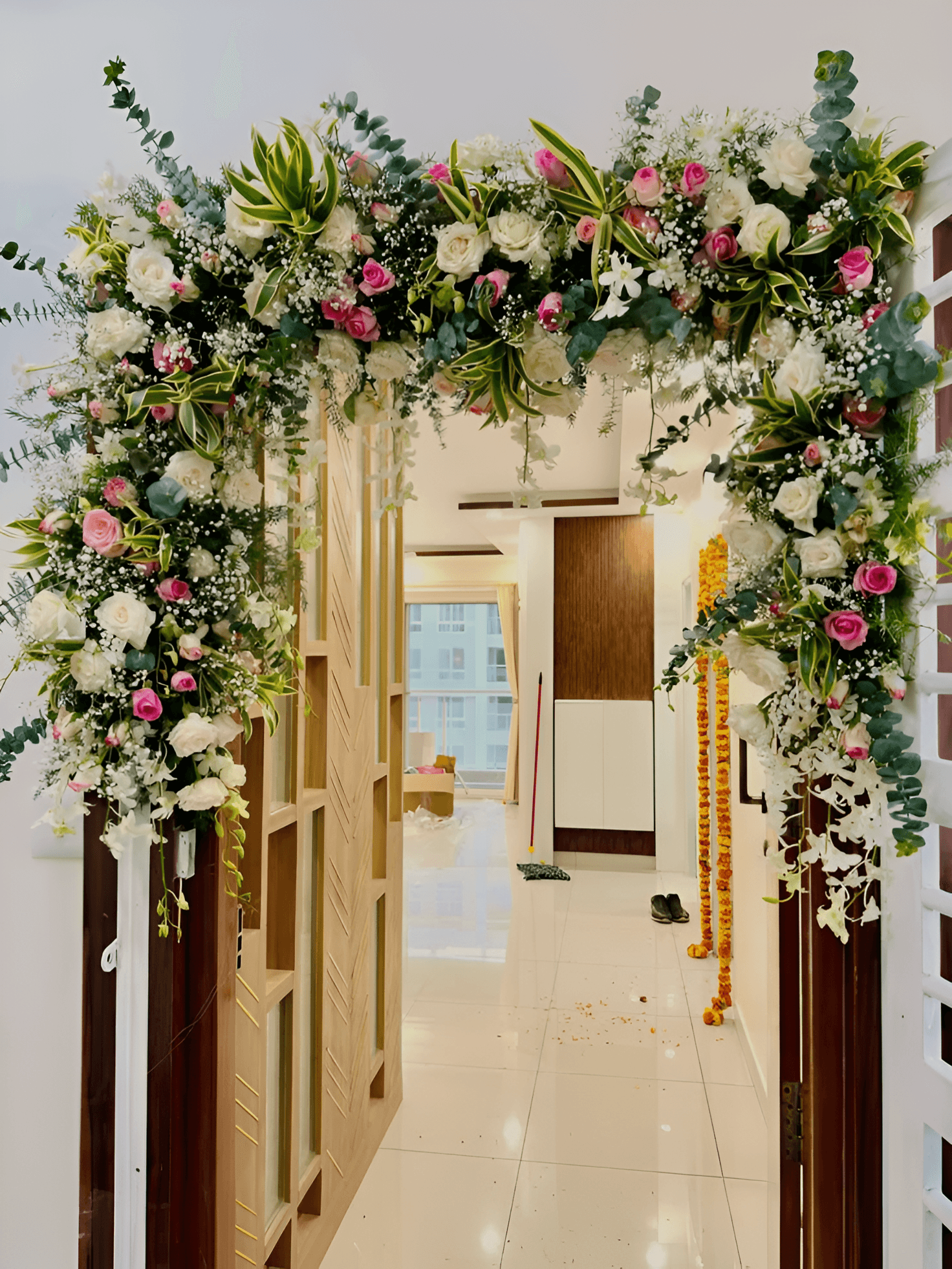 Entrance decoration with fresh white & pink flowers for wedding or roka home decor in Dwarka, Janakpuri, Rajouri Garden & NCR