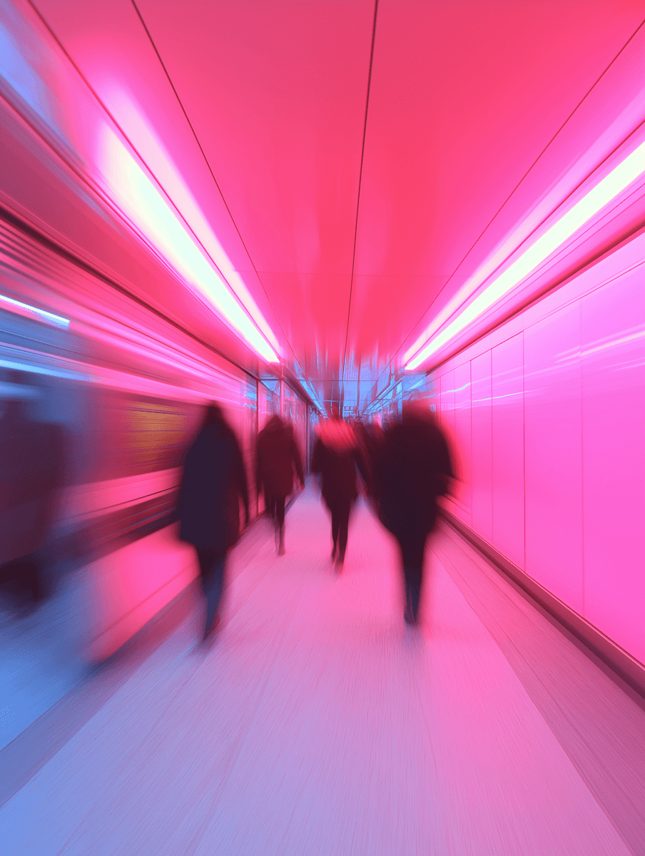  A group of people walking through a dimly lit tunnel, with walls made of stone and a visible exit at the far end.