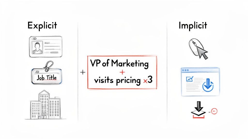 Visual showing explicit data (ID, job title) vs. implicit data (mouse clicks, downloads) for lead scoring.