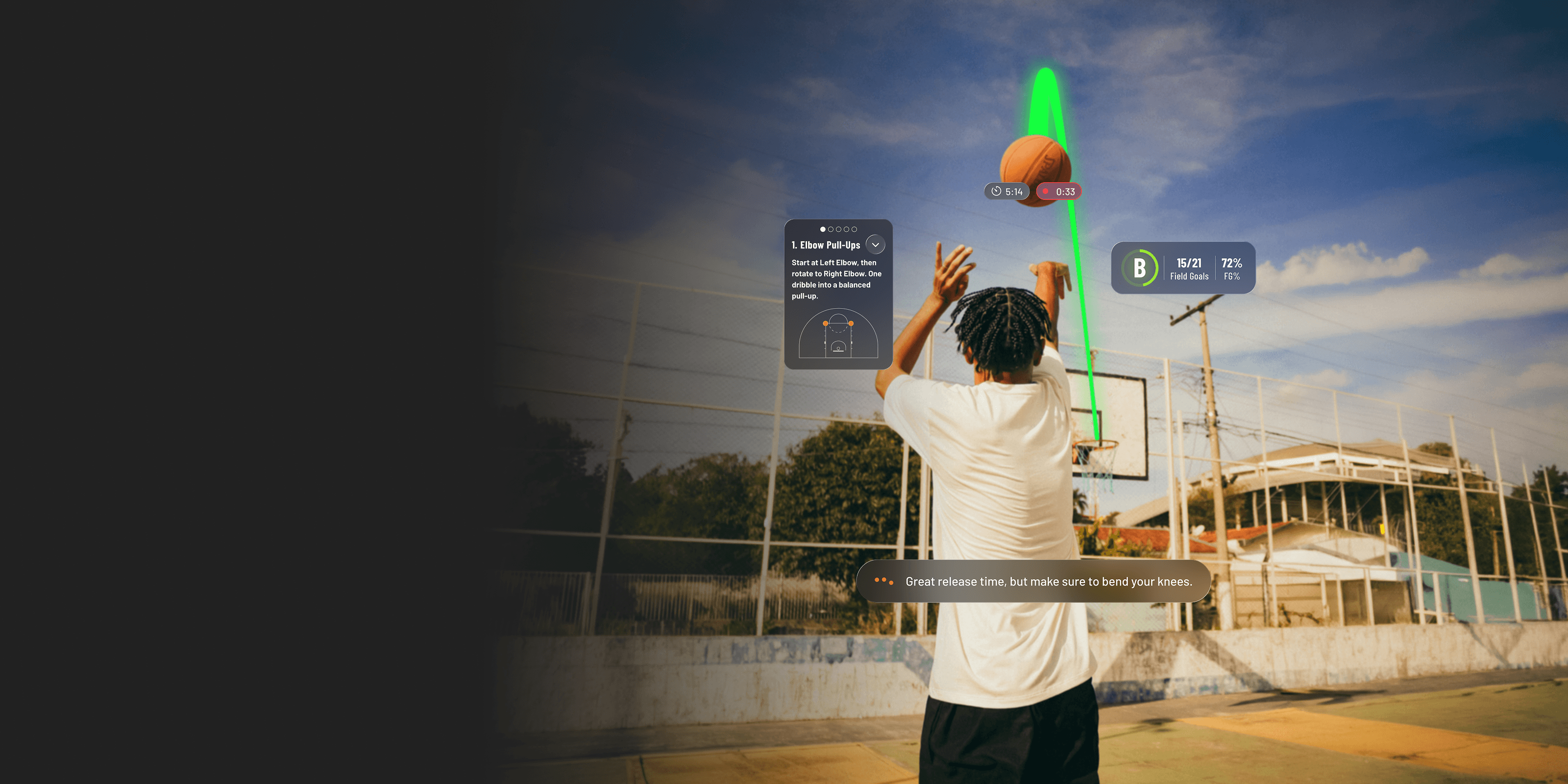 Trainify AI's in-workout user interface showcased over a young athlete shooting a basketball