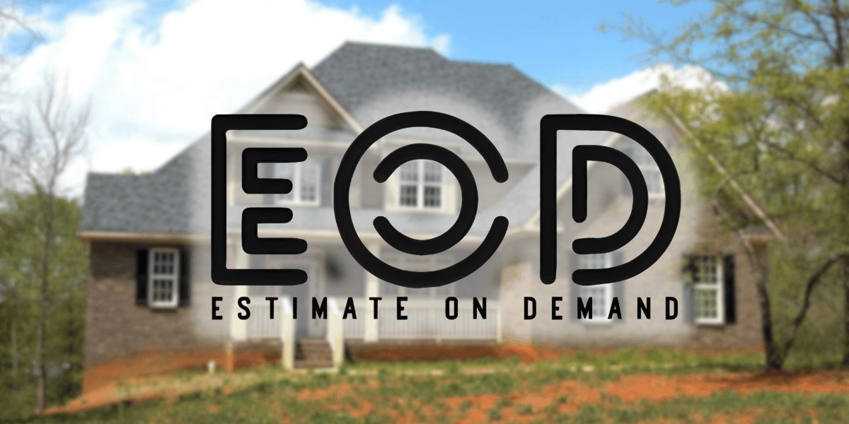 the logo of Estimate on Demand (EOD) over a blurred image of a house, symbolizing roofing services.