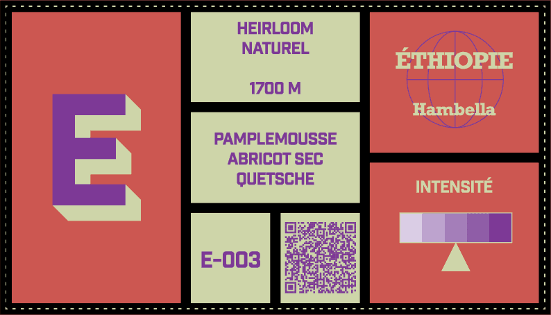 Coffee label design featuring bold blocks of color and typography. The label includes a large purple and cream letter 'E' on a red background, and details such as 'HEIRLOOM NATUREL,' '1700 M,' and tasting notes: 'PAMPLEMOUSSE, ABRICOT SEC, QUETSCHE.' It specifies the origin as 'ÉTHIOPIE – Hambella' with a globe icon. There's an intensity scale shaded in purple tones, with a triangle indicating a medium-high level. A QR code and batch number 'E-003' are also present.