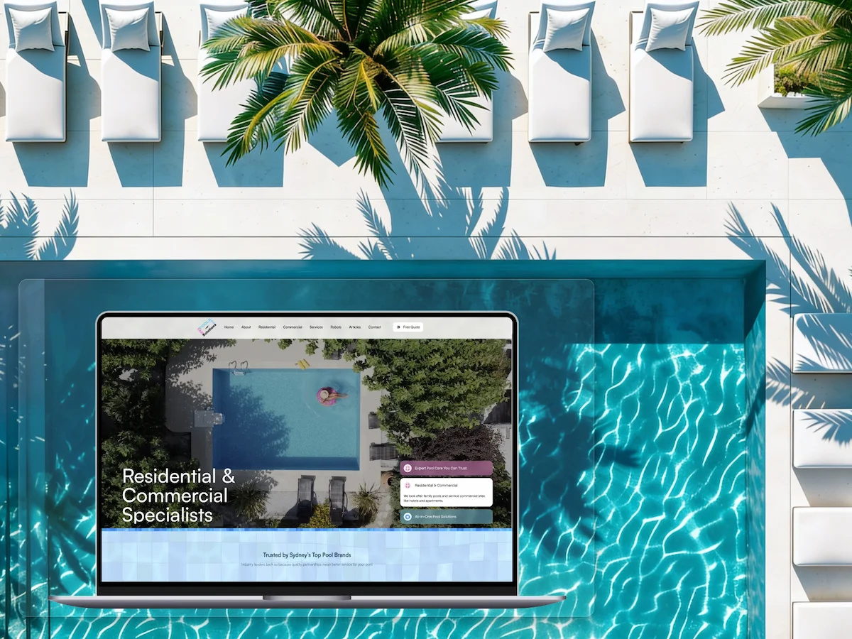 Pool and spa services website design with clean layout and water-focused visuals