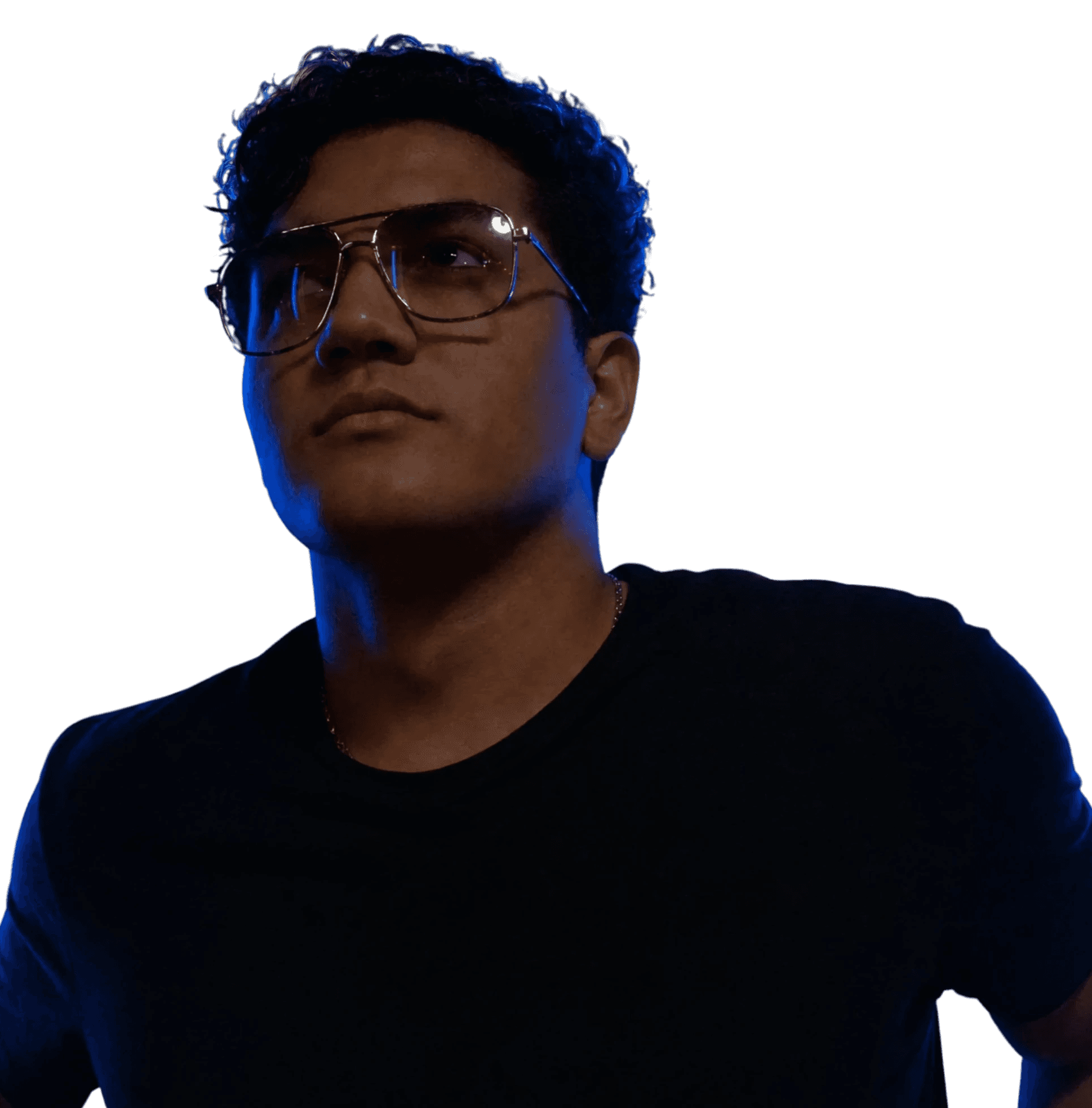 A young women with a short bob hairstyle wearing sunglasses, illuminated by vibrant red and blue lights.