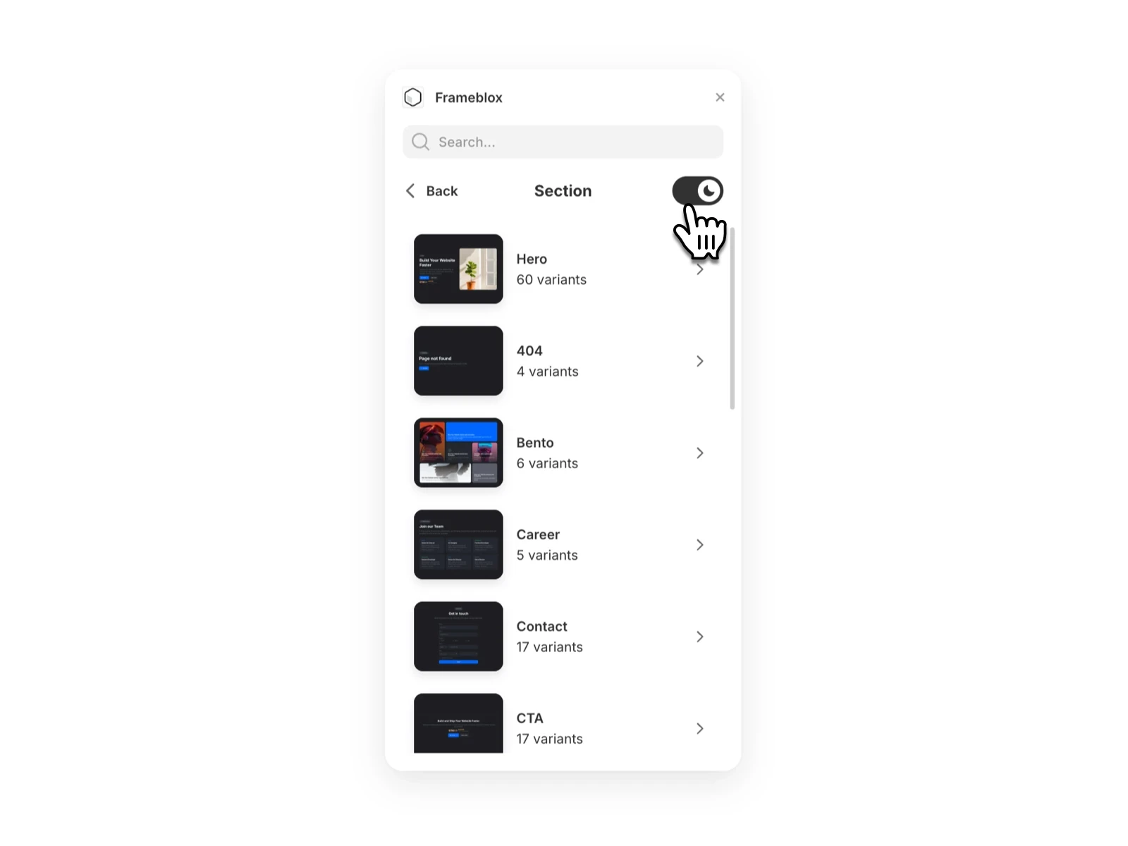 Framer UI kit Frameblox Plugin - Add prebuilt sections from the Frameblox Plugin to my Framer project.