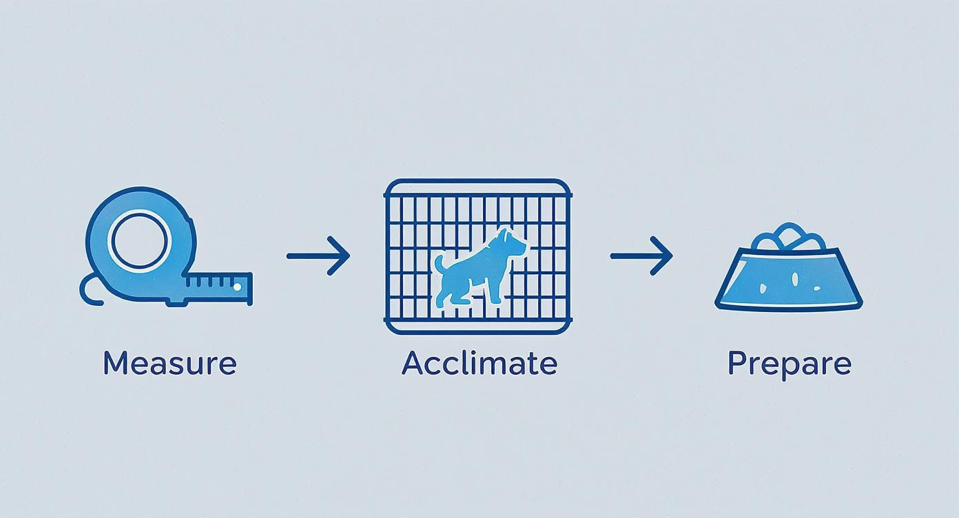Illustrative guide showing three steps for pet travel: measuring, acclimating with a crate, and preparing food.