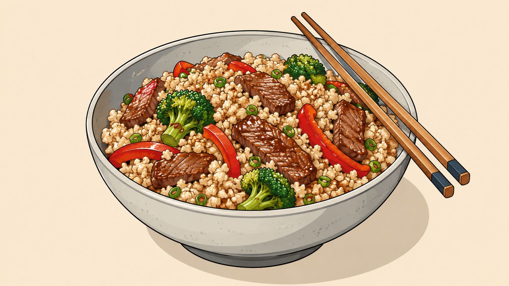 Carb friendly meals beef stir-fry + bowl of beef, broccoli, and red peppers served with chopsticks.