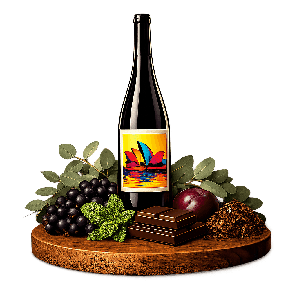 Artistic label and flavor profile for Australian Cabernet-Shiraz Blend on a rustic wooden table.