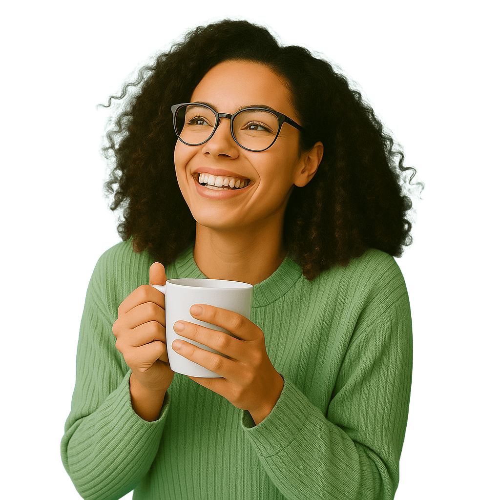 Woman drinking coffee smiling with glasses