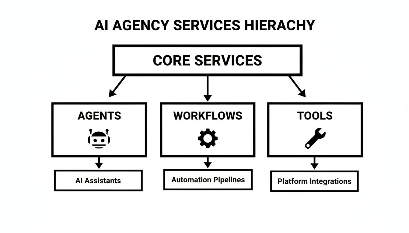Diagram illustrating an AI agency services hierarchy with core services like agents, workflows, and tools.
