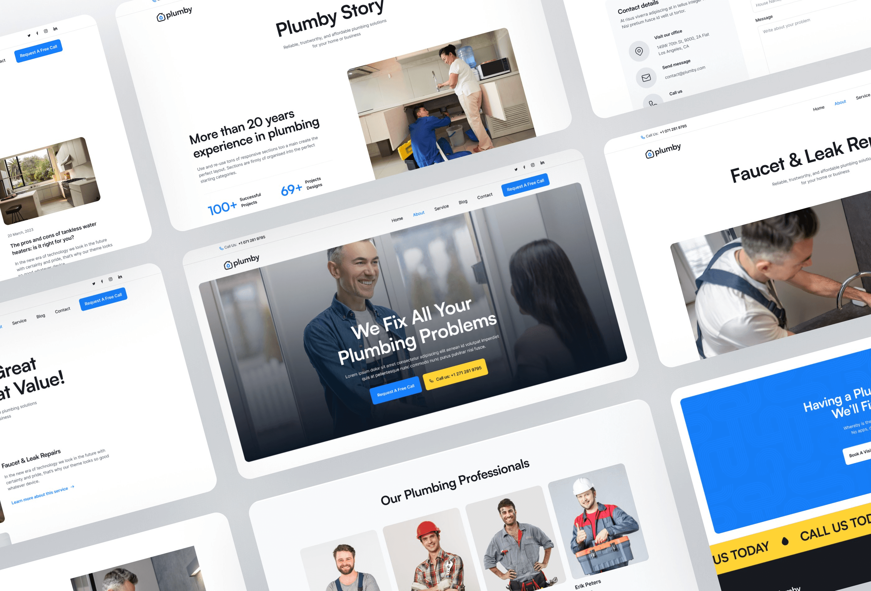 Plumby plumbing website design featuring blue UI, team profiles, and service pages.