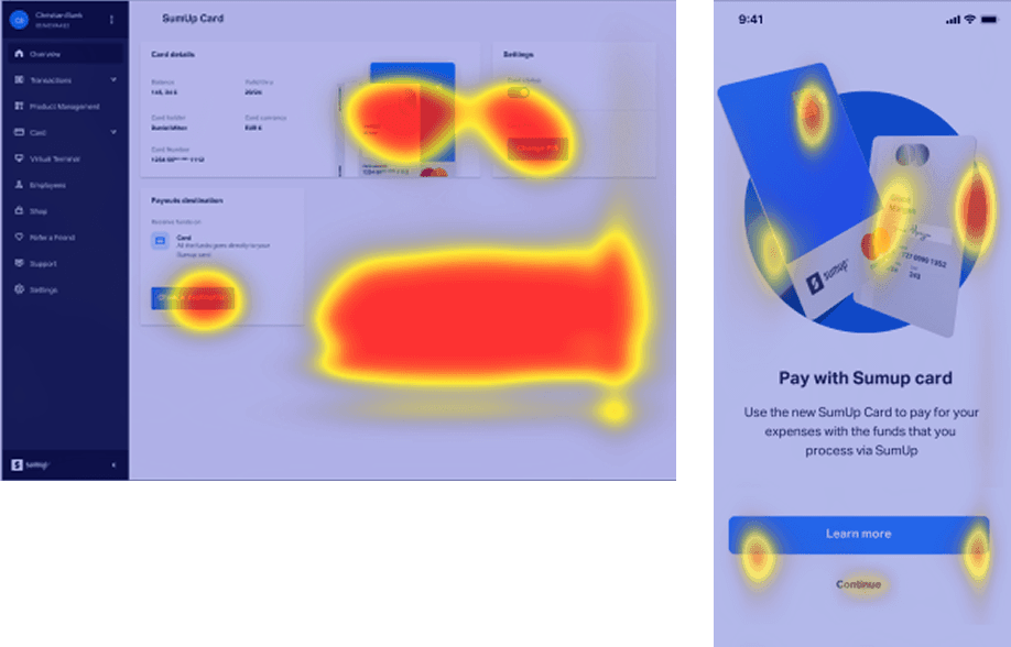 Heatmap overlays on a desktop dashboard and a mobile screen, highlighting user attention on payout actions and primary call-to-action buttons during usability testing.