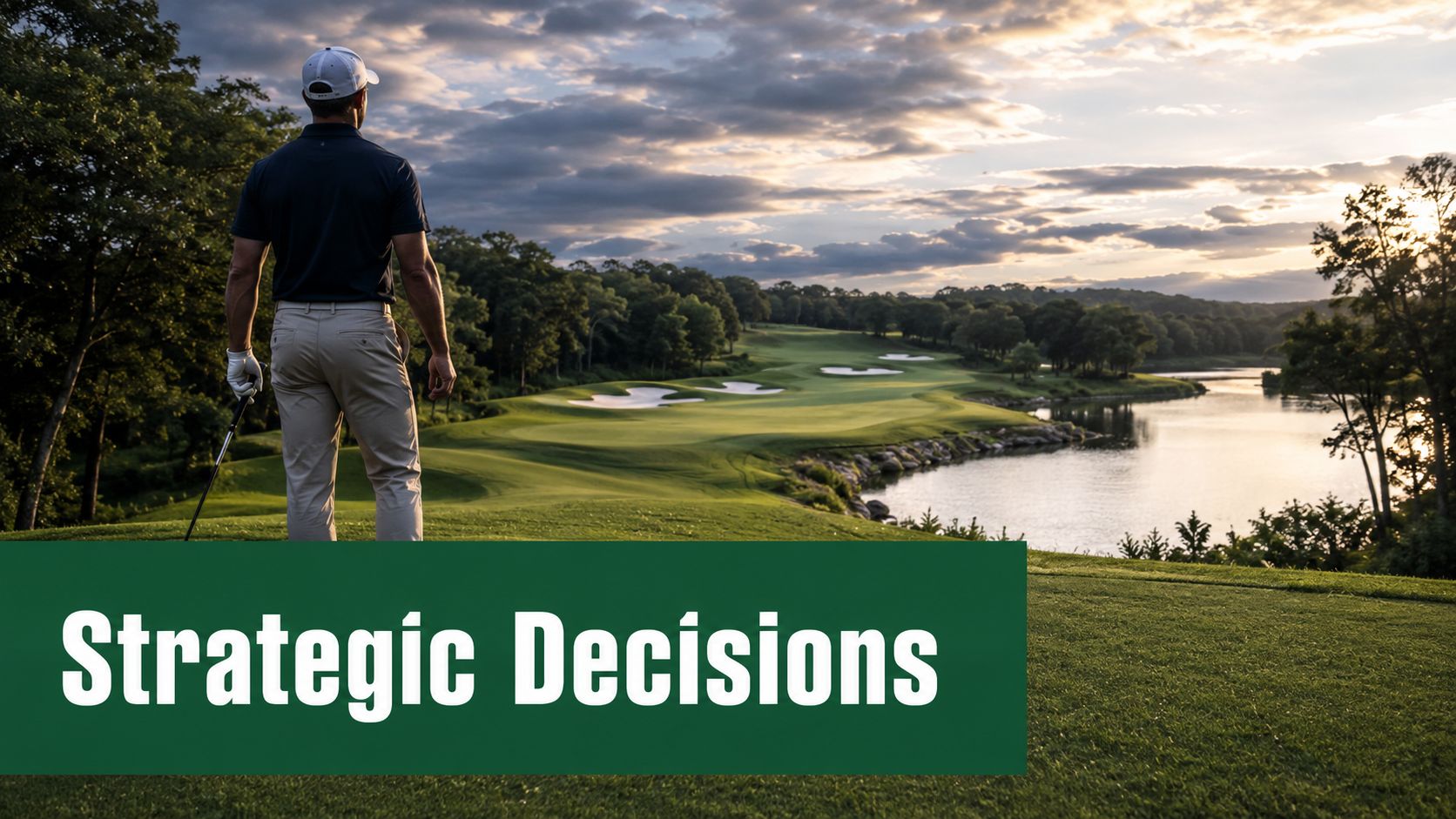 A professional golfer standing on a scenic course overlooking a green fairway and a calm lake.