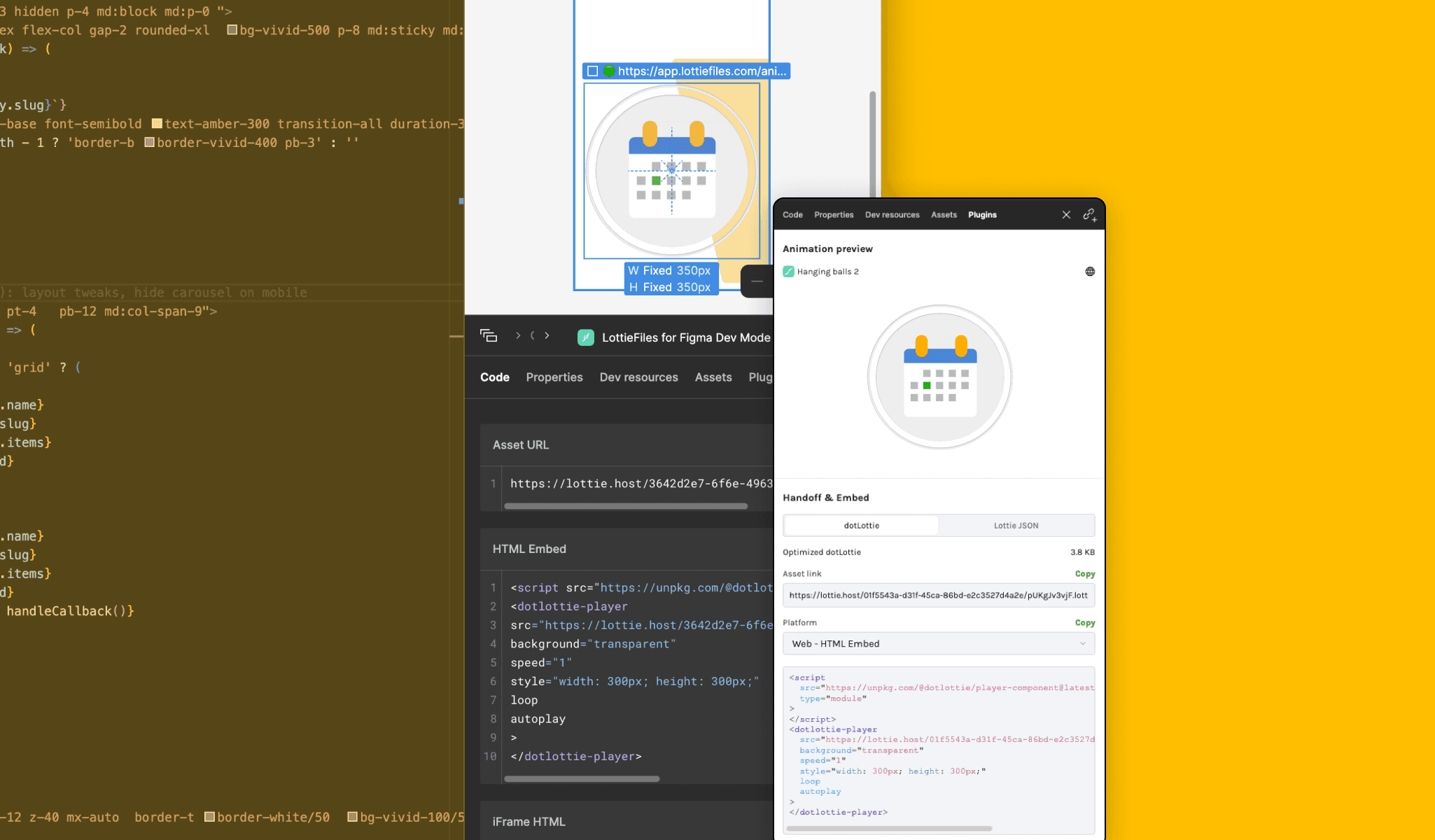 A screenshot of the LottieFiles for Figma Dev Mode plugin as it appears in VS Code