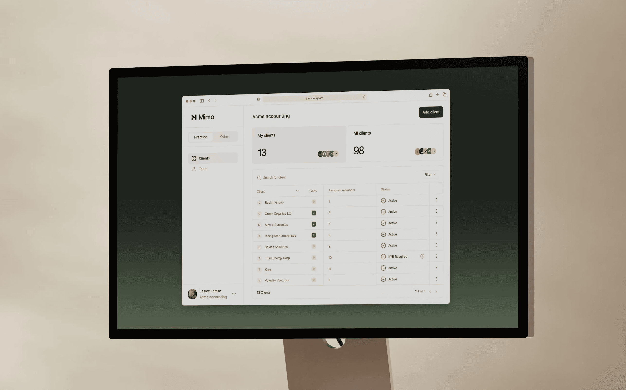 Monitor showing mimo dashboard