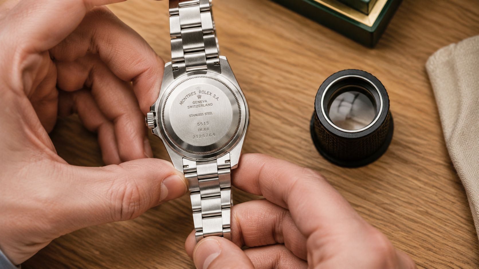 A close-up view of a person holding a vintage stainless steel Rolex watch case back for inspection.