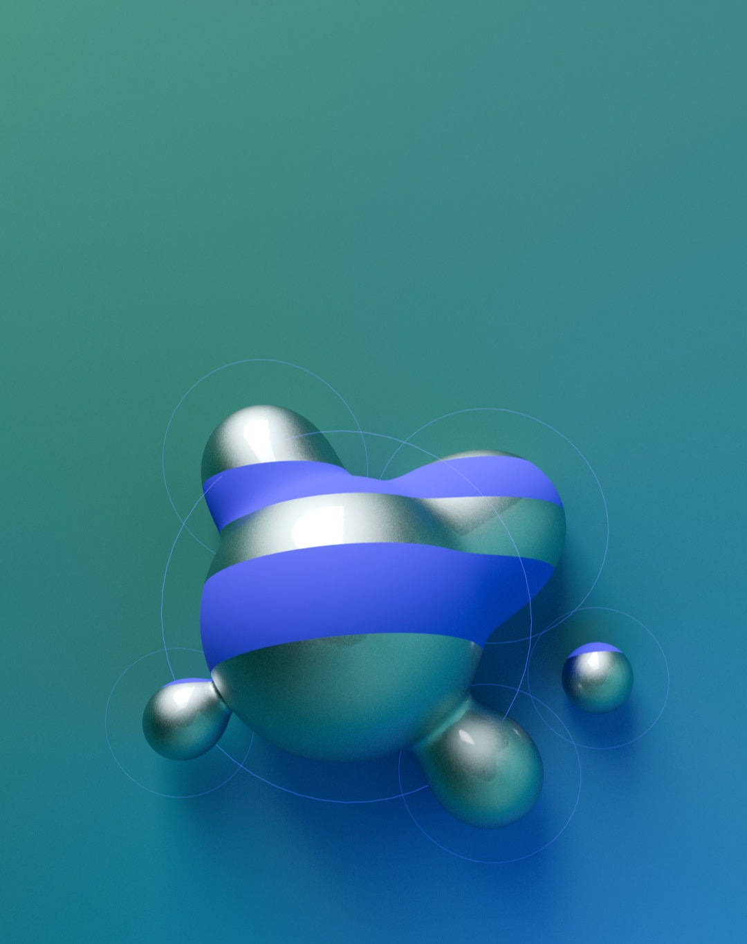 Abstrakte, flüssige Metaball-Struktur in glänzendem Silber, durchzogen von leuchtend blauen Akzenten und einem feinen Netz aus geometrischen Linien auf dunklem Hintergrund.