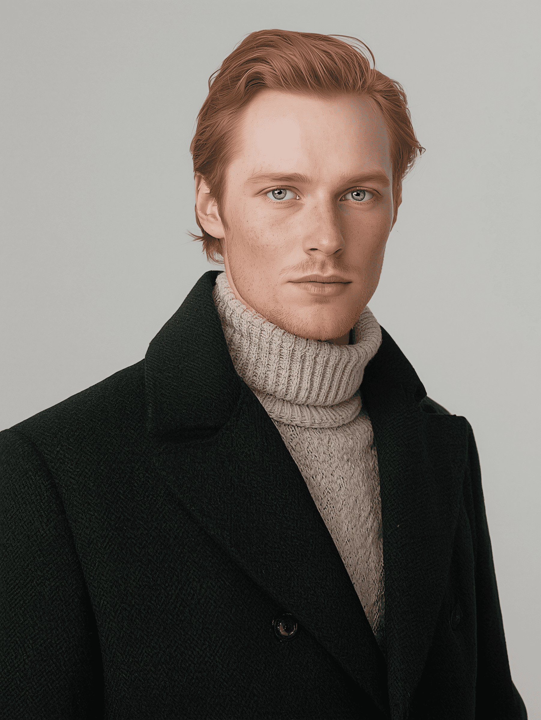 Portrait of a man with red hair, light blue eyes, and a dark green coat over a beige turtleneck, set against a neutral gray background.
