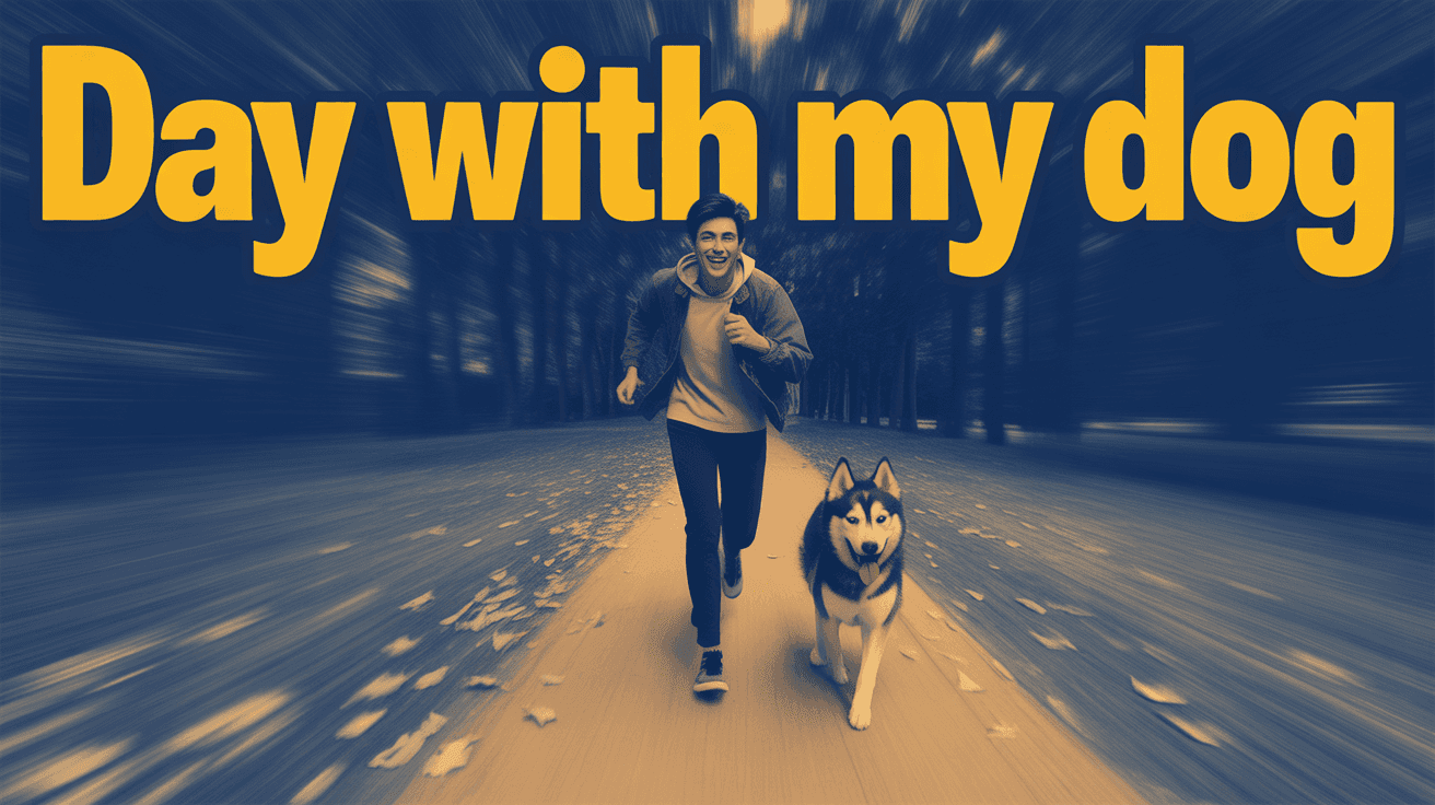 Creator running with husky on park trail under DAY WITH MY DOG text