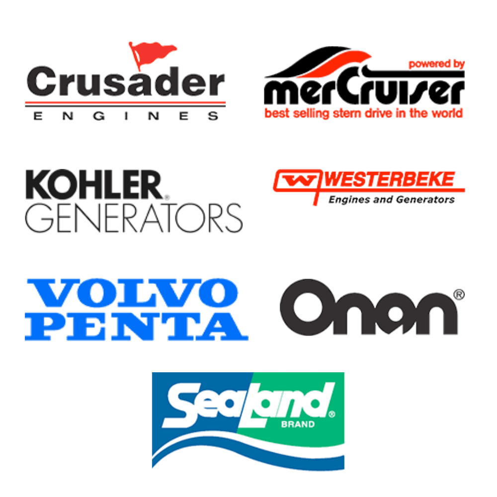 The image displays various marine engine brand logos, including Crusader, MerCruiser, Kohler Generators, Westerbeke, Volvo Penta, Onan, and Sealand.