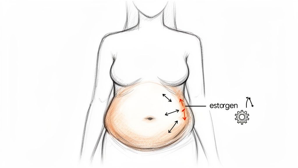 Sketch of a woman's torso showing abdominal fat, linked to estrogen levels and hormonal changes.