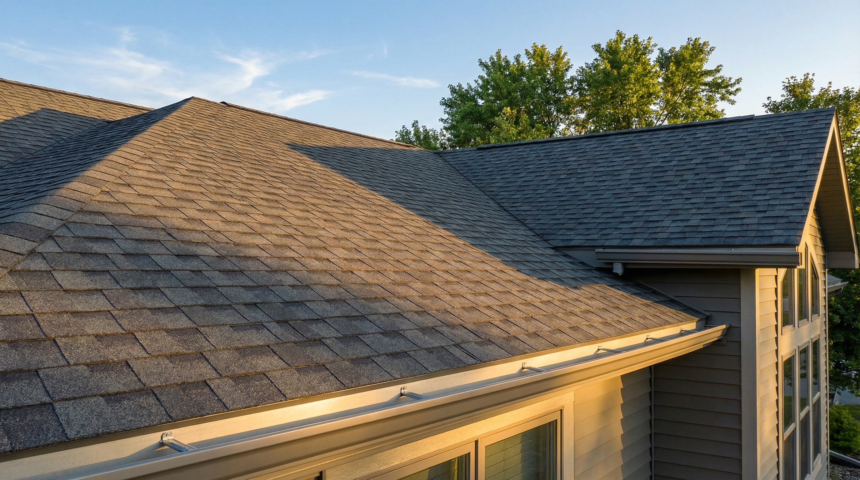 Close-up view of a house roof with asphalt shingles, gutter, and exterior siding under the sunlight.
