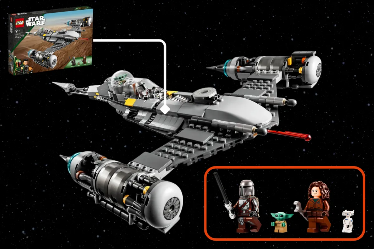 The LEGO Star Wars Mandalorian N1 Starfighter set, featuring a detailed build, box art, and minifigures of The Mandalorian, Grogu, and Peli Motto.