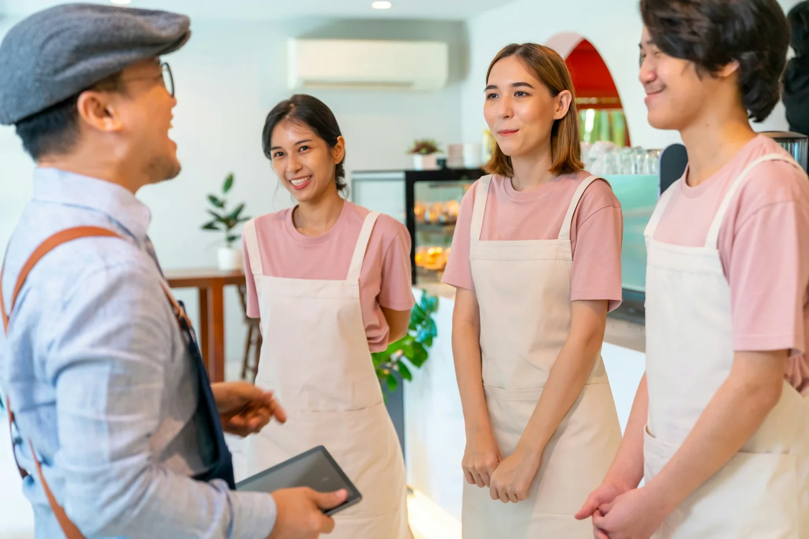 Delivery worker with clipboard speaking to three female cafe employees wearing pink and beige uniforms in a modern shop interior.