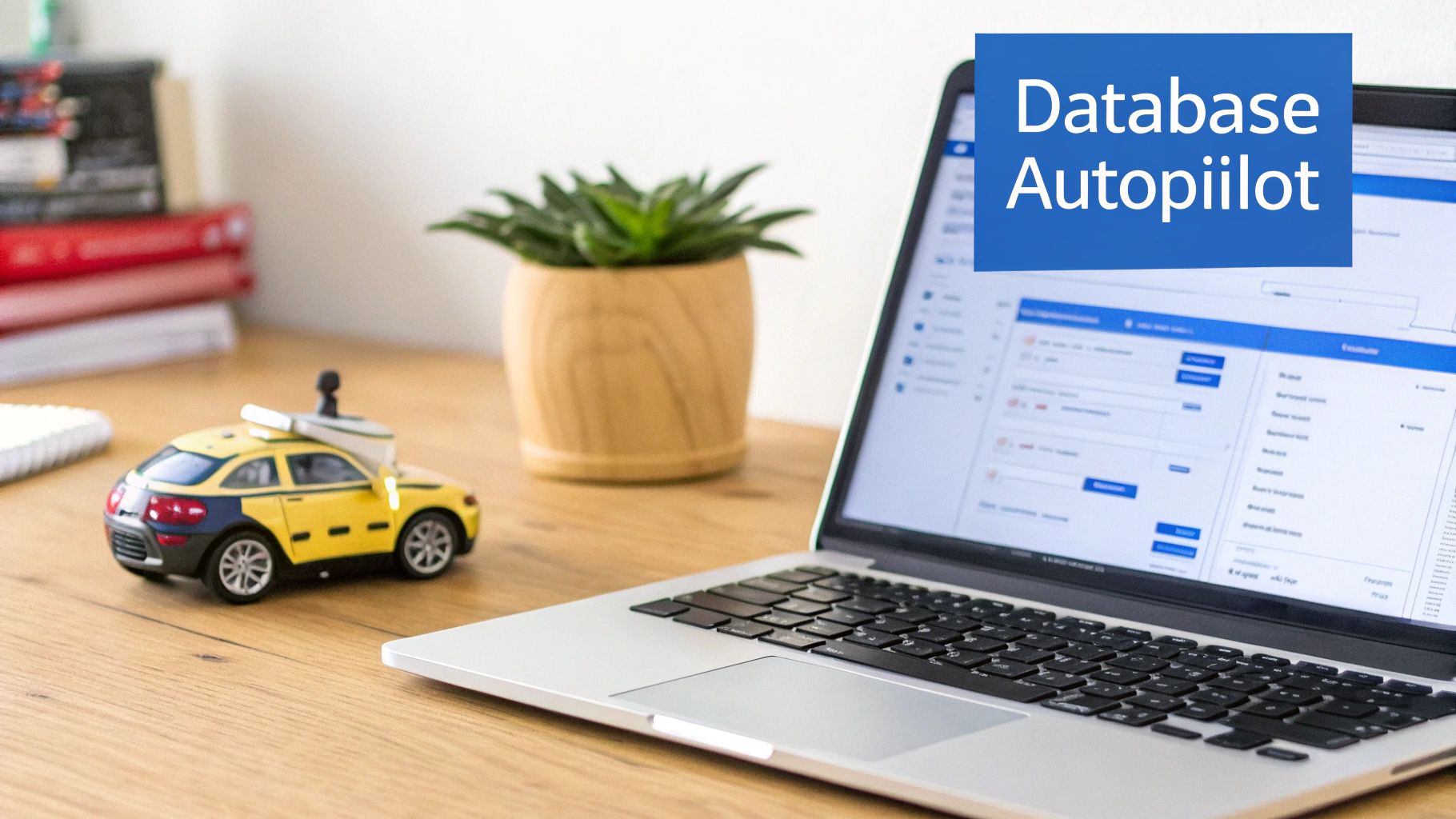 Laptop displaying Database Autopilot software interface with toy taxi and plant on wooden desk