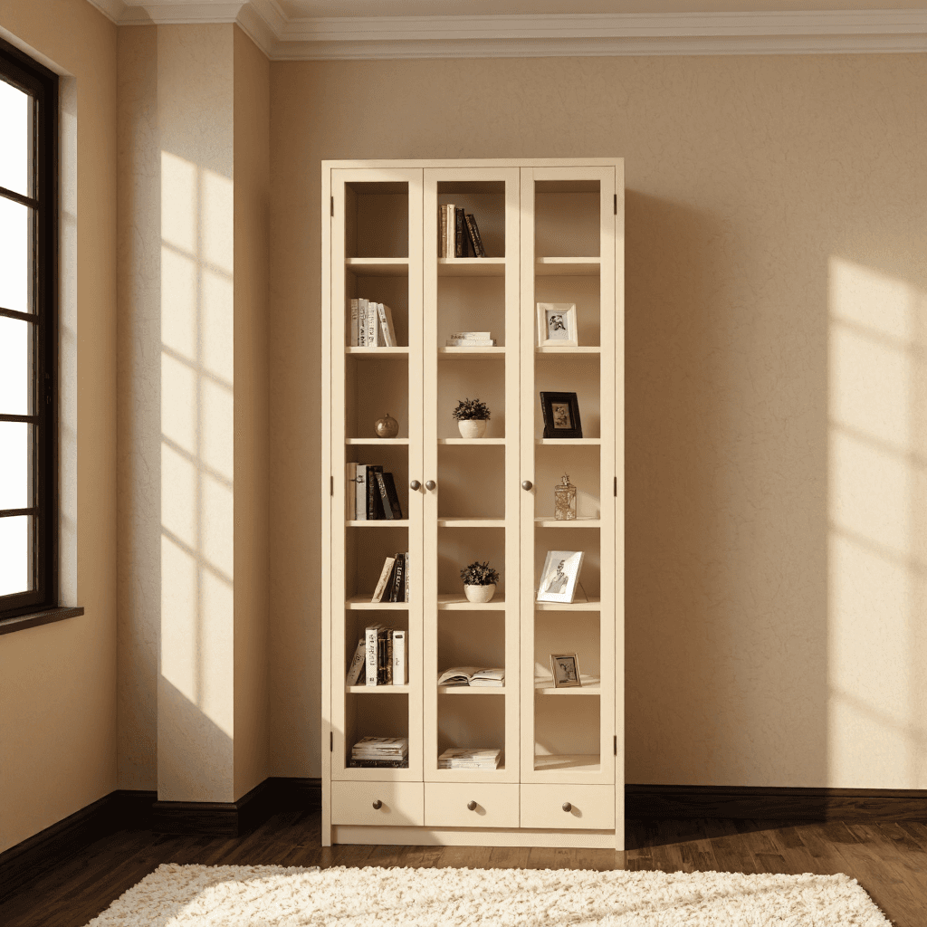 product photography of a tall bookshelf with glass doors, used for storing books and decorative items
