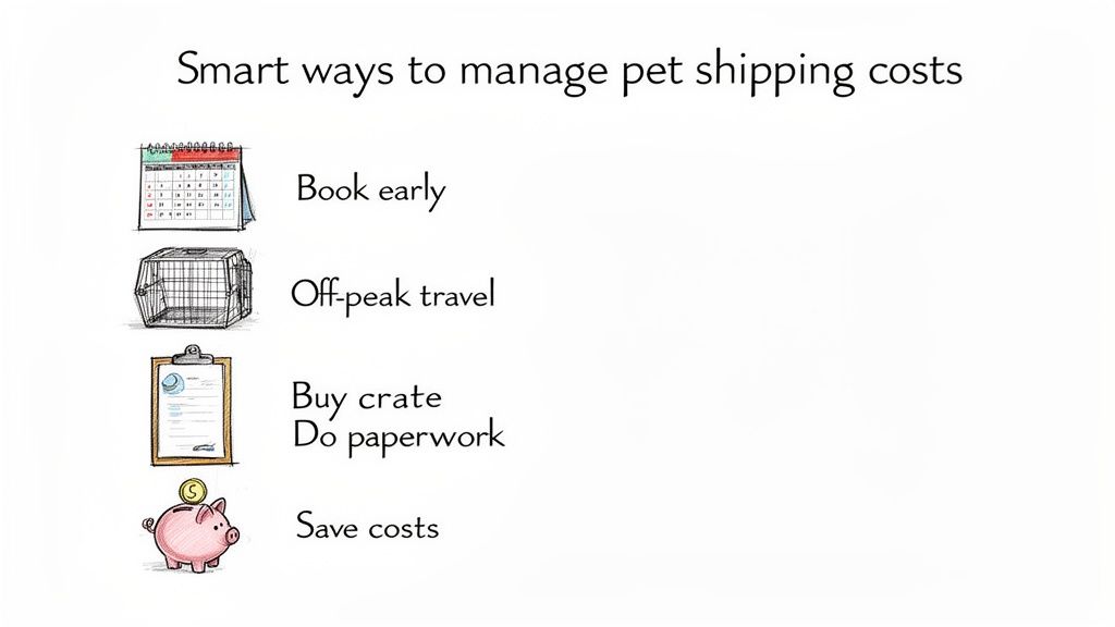 Infographic outlining smart strategies to reduce pet shipping costs, including booking early, off-peak travel, and preparing paperwork.