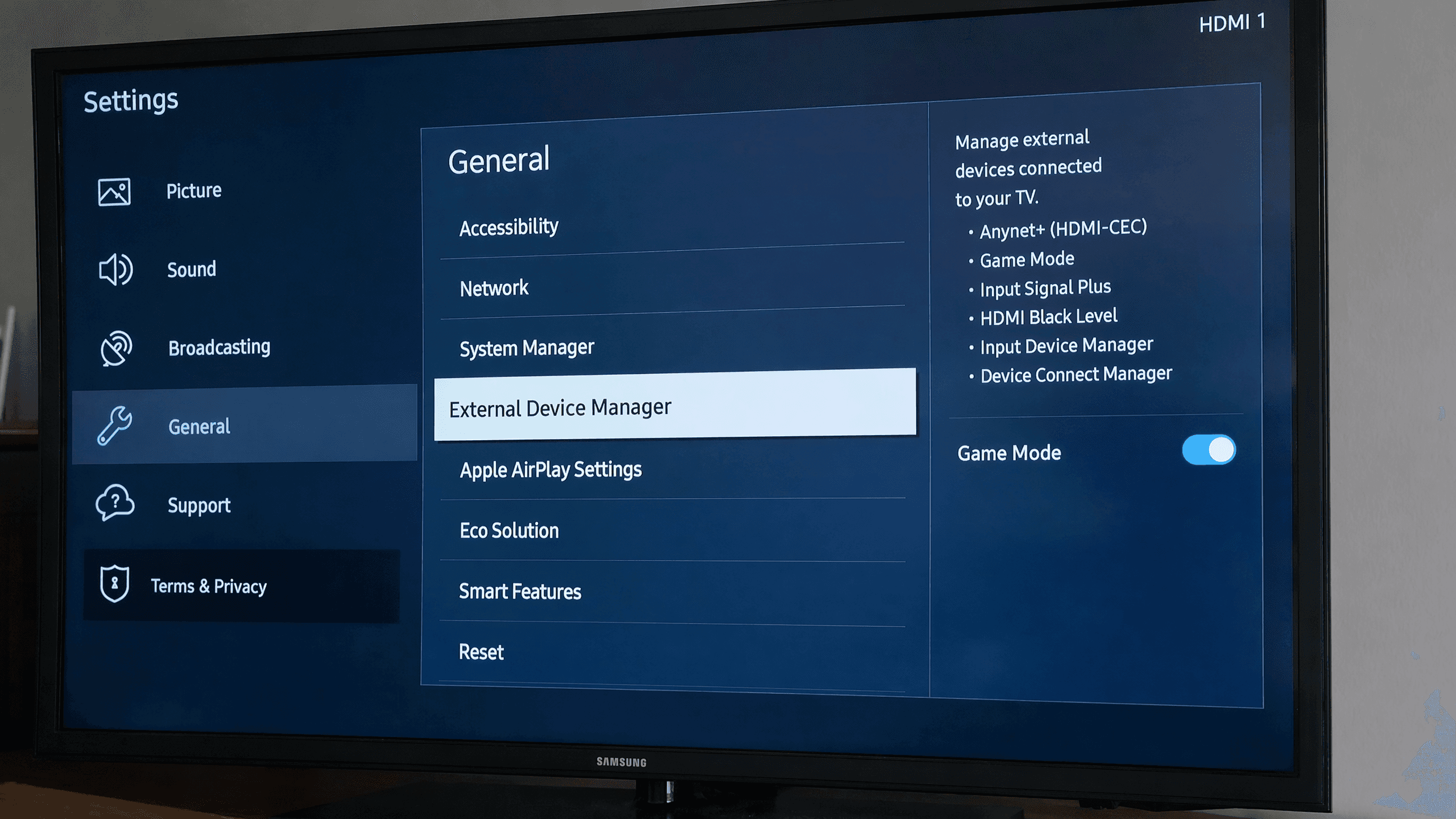How to enable Game Mode on Samsung TV - settings menu path through External Device Manager