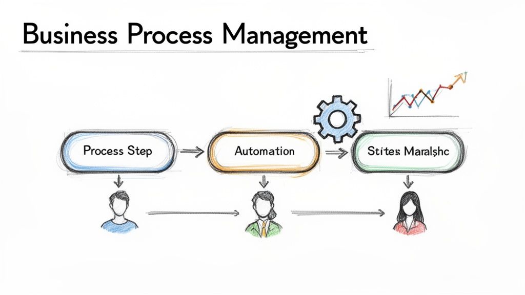 Hand-drawn business process management diagram illustrating workflow from a process step, through automation, to performance analysis.