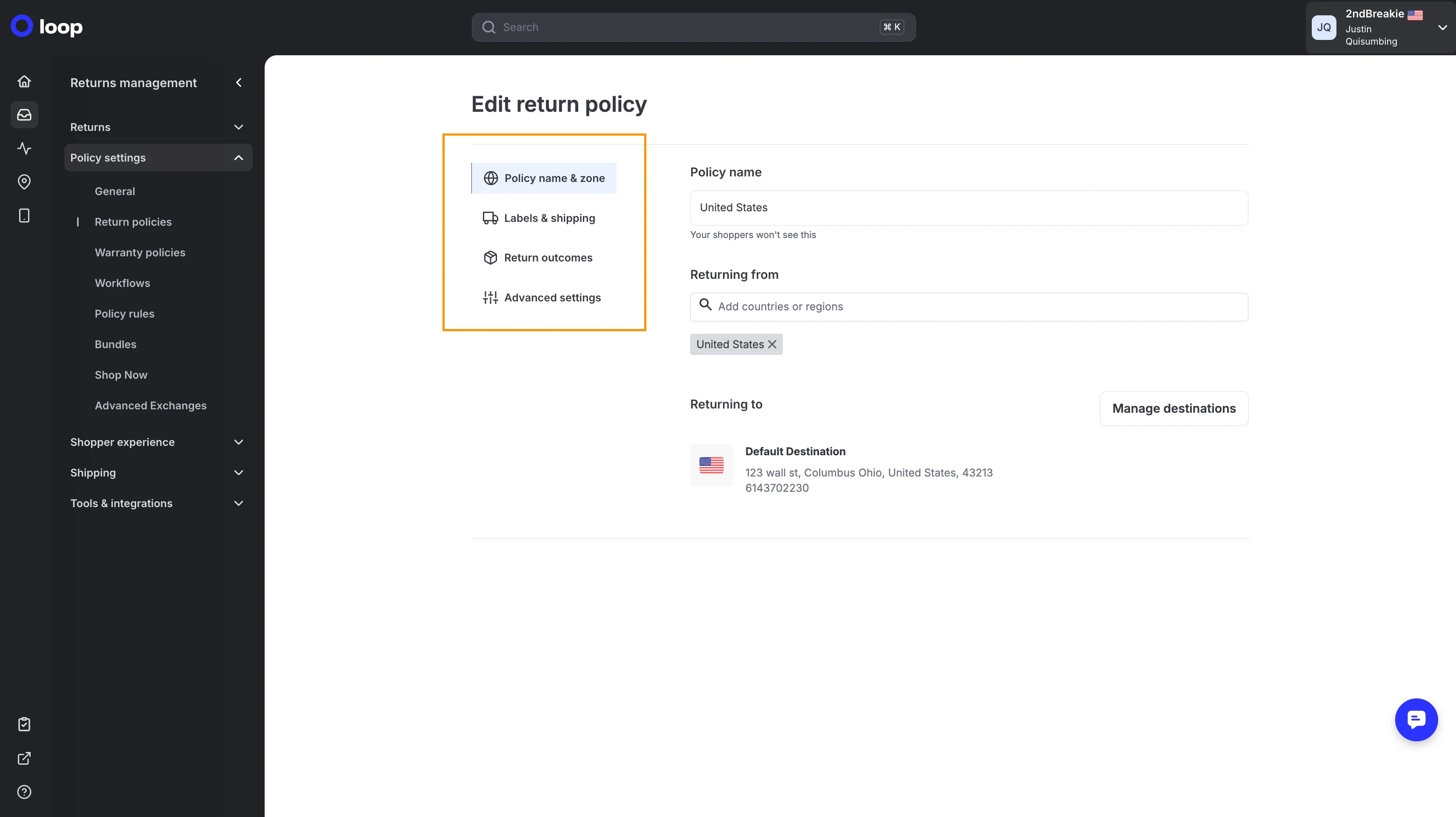 Edit policy interface with four clearly grouped settings areas highlighted