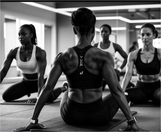 cuatro mujeres en un gimnasio realizando una sesion de aerobic