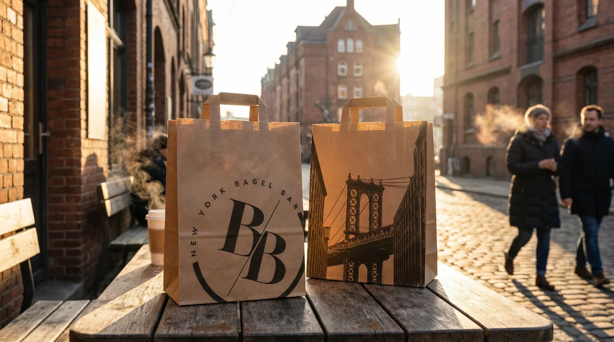 New York Bagel Bar kraft packaging on a café table in warm afternoon light