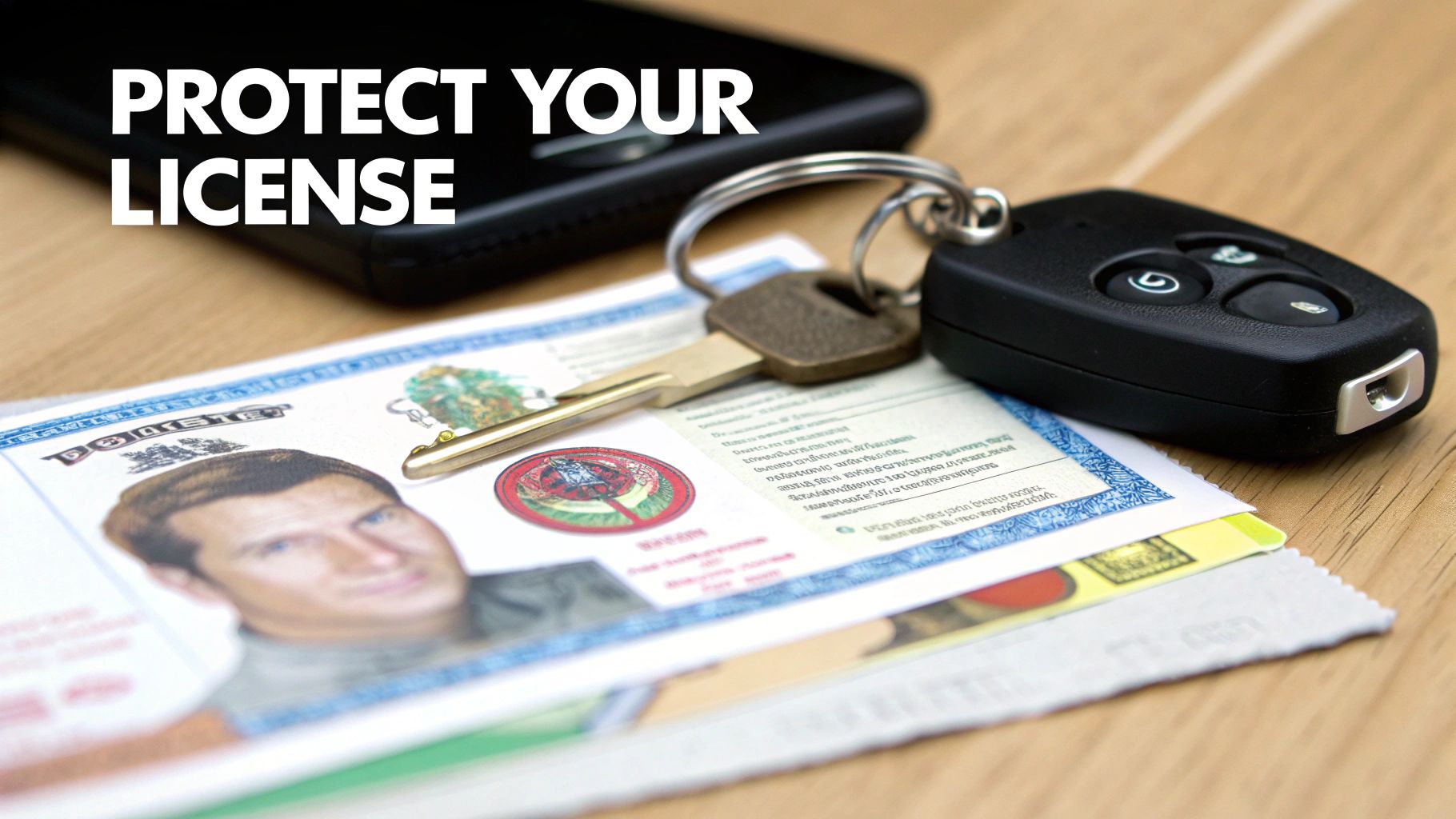 A close-up of a driver's license, car key, and smartphone on a wooden table with the text 'PROTECT YOUR LICENSE'.