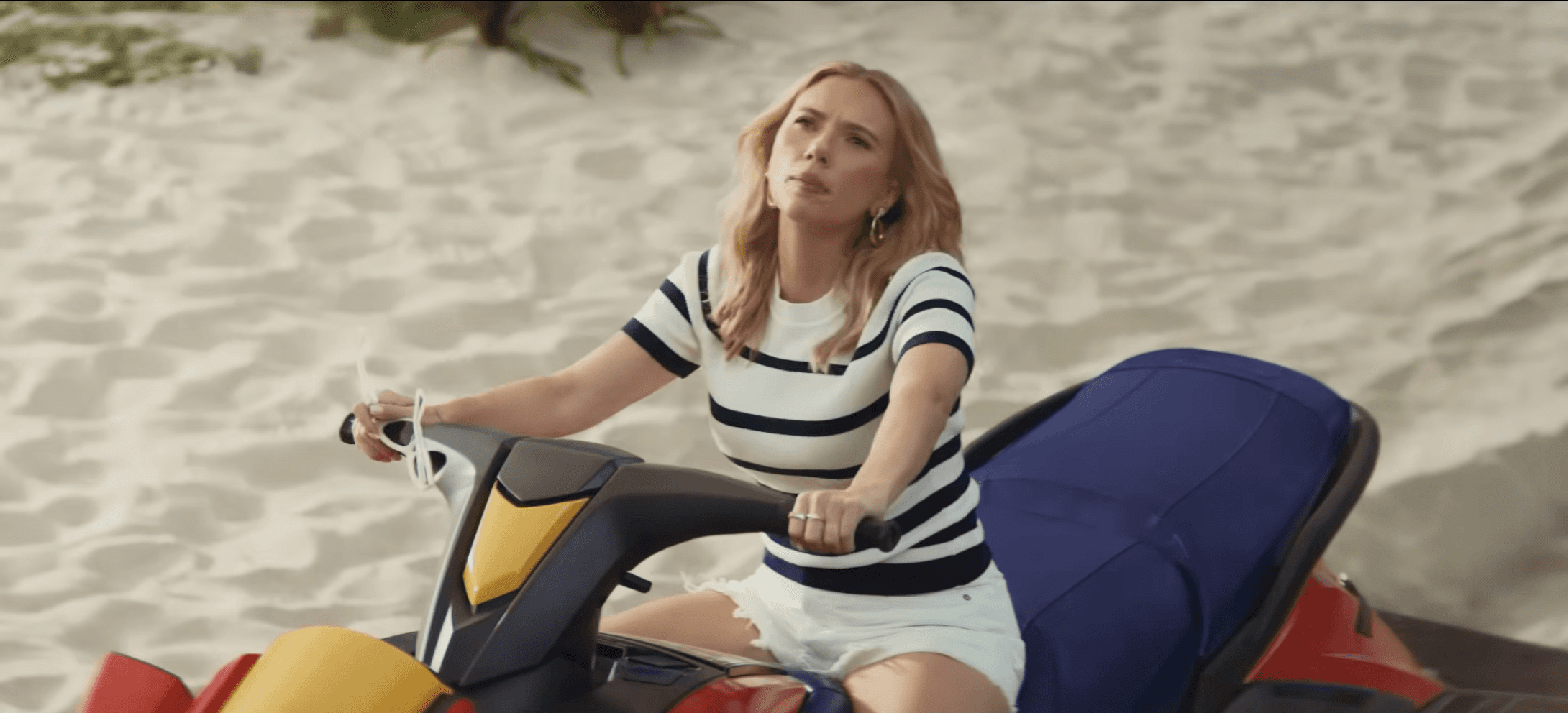 Scarlett Johansson in Ritz Big Game Super bowl Add 2026 in beach and water scooter