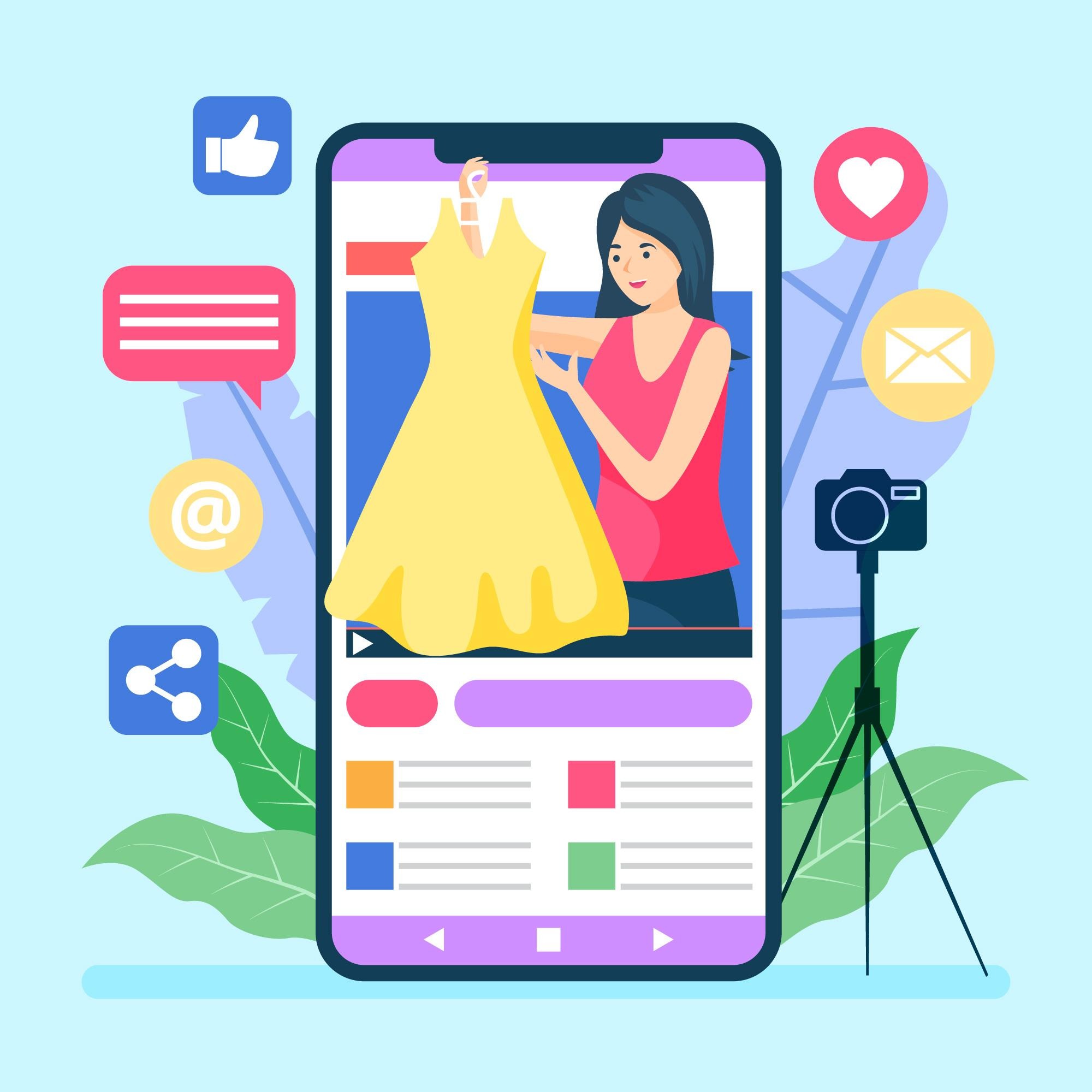 Flat illustration of a fashion influencer promoting a dress on mobile with social media icons