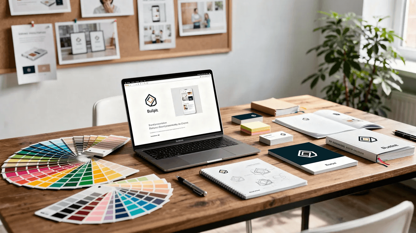 The image depicts a vibrant creative workspace featuring an assortment of color swatches, printed brand materials, and an open laptop on a desk, reflecting the innovative environment of a leading web design agency in Dubai. This setup showcases the tools and resources essential for delivering tailored web design services and digital solutions.