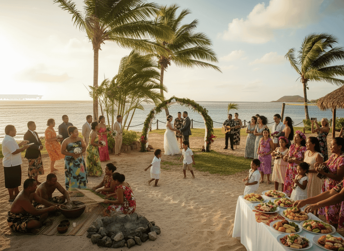 Beach wedding at Uprising Beach Resort, Fiji, with a couple, guests, and a lovo feast on the sand.