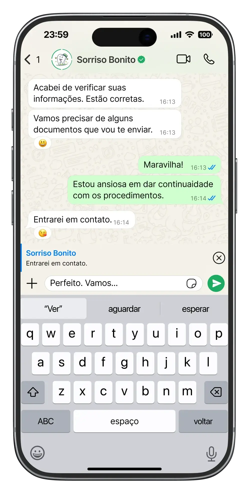 Tela do WhatsApp mostrando troca de mensagens entre empresa e clinte.