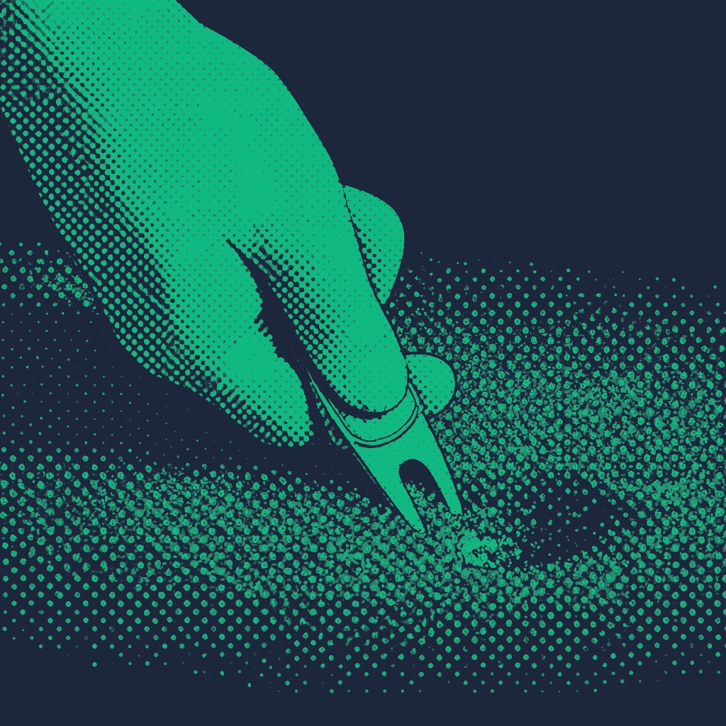 Close-up halftone graphic of a hand using a green divot tool to repair a pitch mark on a golf green.